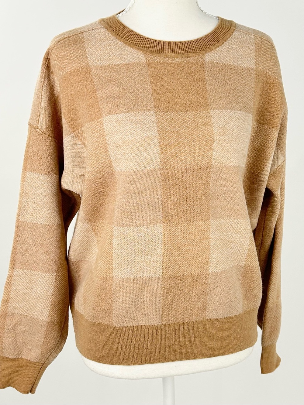 Madewell 100% Merino Wool Camel Plaid Herringbone Sweater M